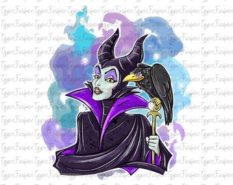 May include: A digital illustration of Maleficent, the villain from Disney's Sleeping Beauty, with her raven perched on her shoulder. She is wearing a purple and black gown with a crown and horns. The background is a watercolor wash of blue and purple.