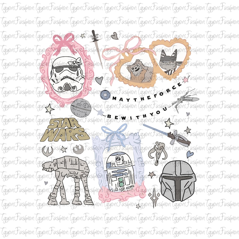 May include: A Star Wars themed design featuring illustrations of characters and symbols from the franchise. Includes a Stormtrooper, R2-D2, AT-AT, and the text "MAY THE FORCE BE WITH YOU".