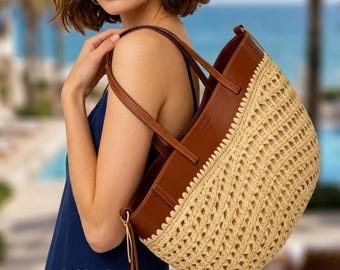 Bolso tote de lujo de cuero tejido a mano para mujer, gran capacidad, elegante bolso de hombro para uso diario.