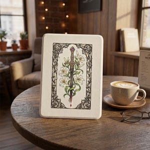 May include: A rectangular white e-reader case featuring a central illustration of a metallic sword entwined with white lily flowers and green leaves, enclosed within an intricate black filigree border with a small purple gem on the sword hilt.