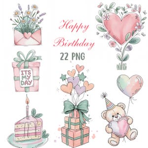 Könnte beinhalten: Eine Sammlung von Aquarell-Illustrationen mit einem Blumenumschlag, einer herzförmigen Pflanze, einem Geschenk mit der Aufschrift 'ITS MY DAY', einem Geschenketurm mit Herzballons, einem Kuchenstück mit Kerze und einem Teddybären mit Partyhut und Ballon. Text: 'Happy Birthday 22 PNG'.