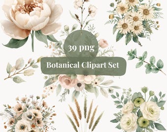 Botanical Clipart Set | 39 PNG Floral Illustrations | Watercolor Boho Flowers | Greenery Branches | Digital Download