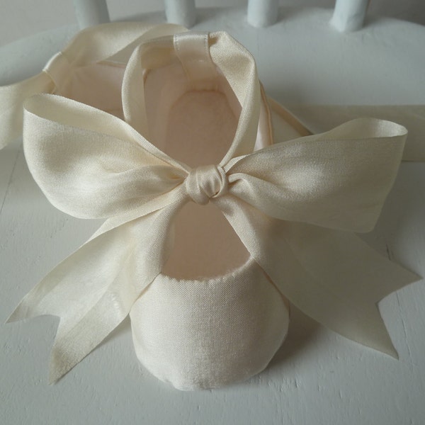 Baby Girl Shoes . Ivory Silk Christening Shoes . Infant Ballet Slippers . Handmade Keepsake