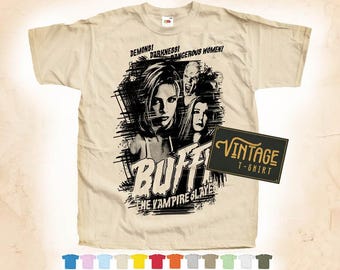 Black Print: BUFFY The Vampire Slayer V2 T shirt Tee Natural VINTAGE Cotton Movie Poster Beige 12 colors All Sizes S M L XL 2X 3X 4X 5X