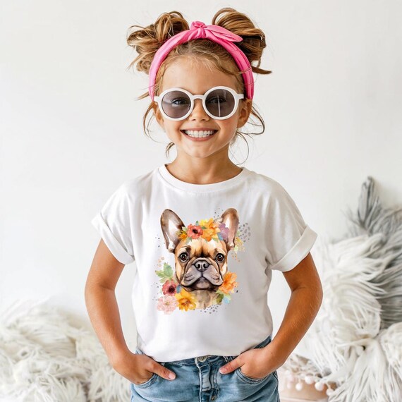 Floral French Bulldog Kids Tee, Cute Dog T-shirt, Kids Birthday