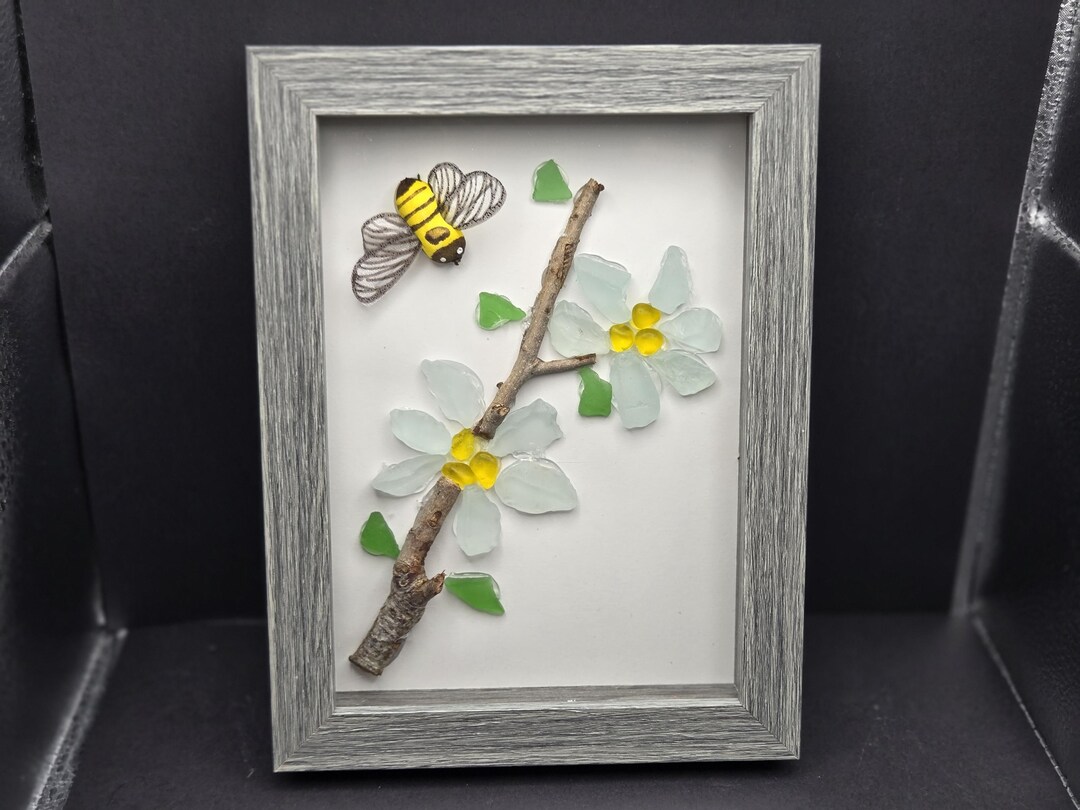 Flowers And Bumble Bee Sea Glass Art 5 X 7 Shadow Box Etsy