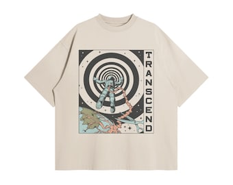 Transcend&quot; – Psychedelic Astronaut Print on 260GSM Vintage-Washed Oversized Unisex T-Shirt | Boxy Fit | Cosmic Surreal Art Tee