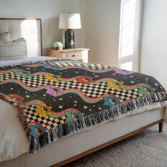 Woven Cotton Throw Blanket: Psychedelic Rainbow Eye Design