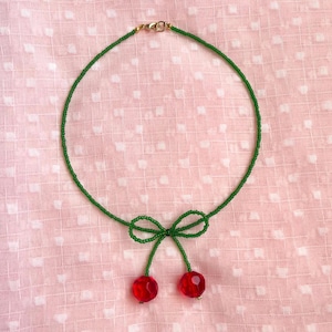 vibrant beaded cherry choker | coquette bow necklace | beaded fruit jewelry | gifts for women