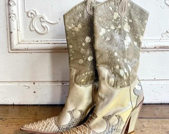 Vintage Para Raio Gold Leather Brazilian Cowgirl Boots Sz 9 Pointed Toe Western