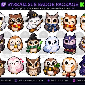 May include: A digital collection of seventeen stylized owl illustrations designed as stream sub badges. The owls feature various accessories including wizard hats, scarves, glasses, books, potions, and scrolls, rendered in a colorful, cartoon-like aesthetic.