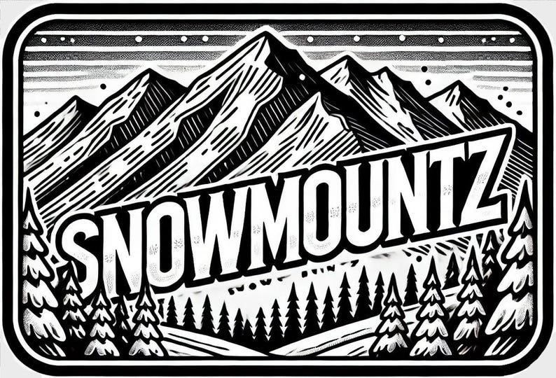 May include: Black and white graphic of a mountain range with the word "SNOWMOUNTZ" in bold letters. The design includes stylized trees and a snowy landscape, all within a rectangular frame. The image evokes a winter or outdoor theme.