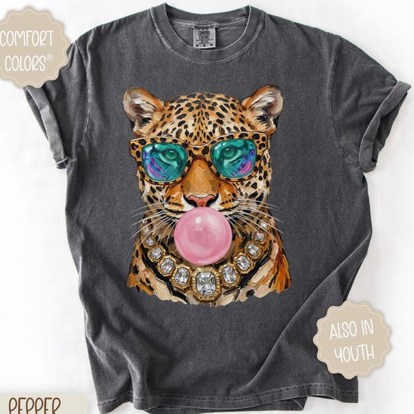 Trendy Leopard Comfort Colors Shirt, Bubblegum Sunglasses Big Cat Graphic Unique Tshirt, Retro Animal Graphic