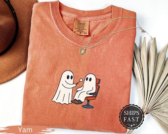 Lustiges Geister-Zahnarzt-Halloween-Shirt, niedliches Mundhygieniker-T-Shirt, gruseliger Geist im Stuhl-T-Shirt, Zahnarztpraxis-Halloween-Geschenk Spitze