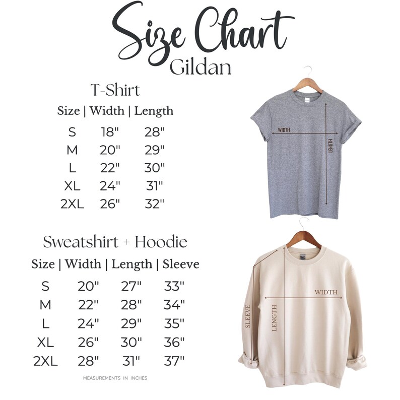 May include: A size chart for Gildan t-shirts and sweatshirts/hoodies. The chart includes measurements in inches for width, length, and sleeve length. The t-shirt sizes range from S to 2XL, with widths from 45.7cm to 66cm and lengths from 71.1cm to 81.3cm.