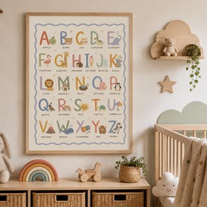 May include: A rectangular wall poster featuring a colourful alphabet chart with illustrations for each letter from A to Z, including animals and objects like an apple, bear, cat, and zebra, all enclosed within a wavy light purple border frame.
