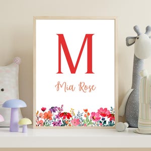 Floral Initial and Name Print for Girls - Customizable Colors - Personalized Wall Art - Unique Gift for Girls Room Or Nursery Decor