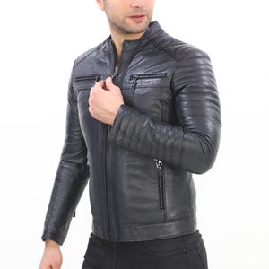 Men&#39;s Biker Leather Jacket – Brown & Charcoal Grey – Real Lambskin, Handmade