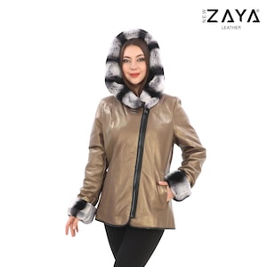 Genuine Leather Jacket With Fox Fur Hooded For Women,Women&#39;s Casual Clothing,Handmade Leather Outerwear,Gift For Her, Brown Leather Jacket