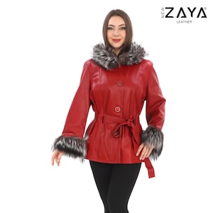 Women’s Lambskin Leather Jacket with Fox Fur Hooded,Belted Winter Jacket,Luxury Real Leather Handmade Coat, Jacket For Women,Gift For Her