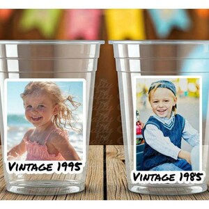 Bicchieri di compleanno personalizzati con foto: bicchieri di plastica da 16 once personalizzati con nome, anno e viso, perfetti per compleanni importanti e feste.