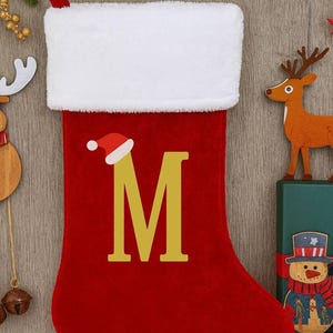 Custom Christmas Stocking with Initial Letter – Personalized Red Holiday Stocking, Santa Hat Monogram Xmas Decoration for Family