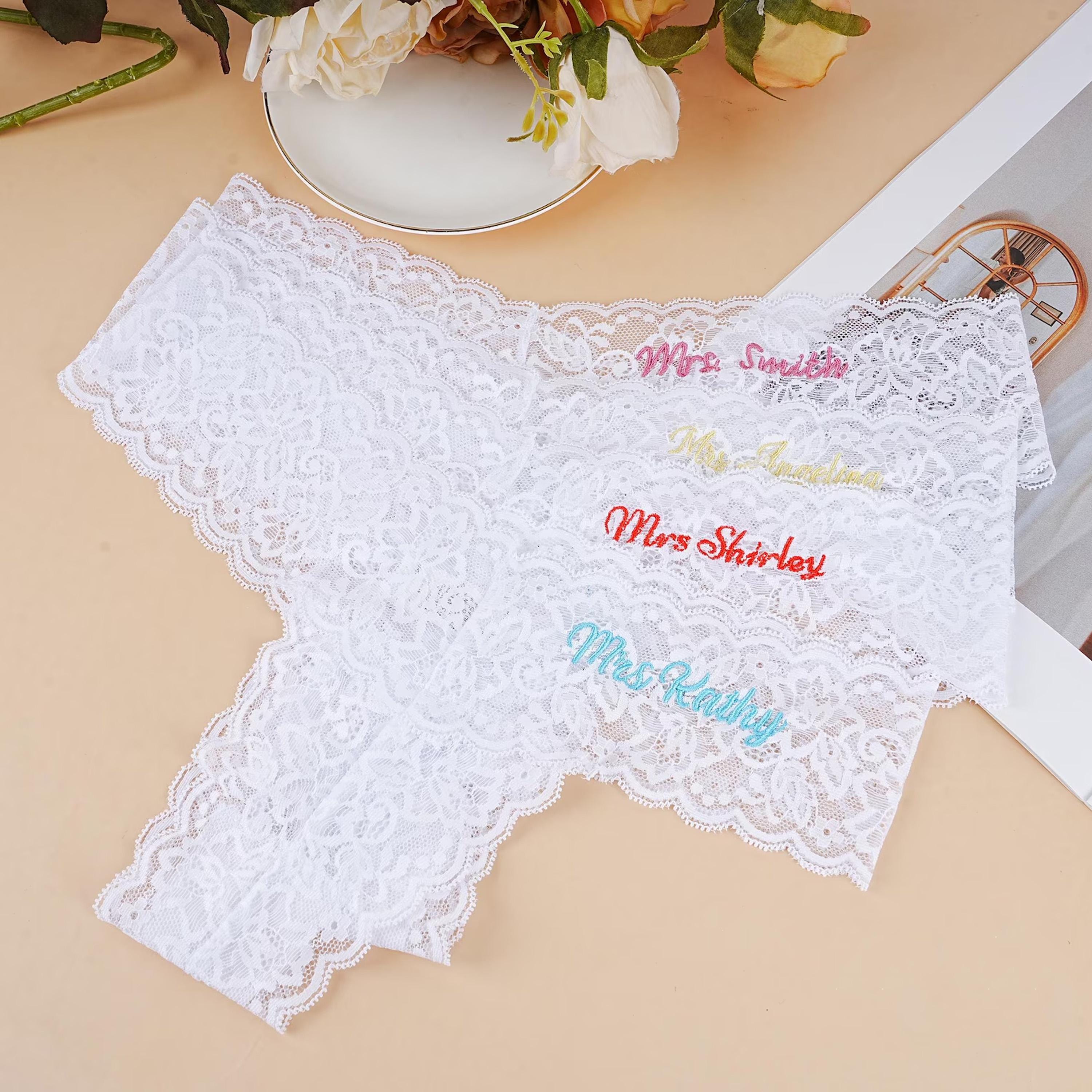 Personalized Bride Lace Thong – Custom Embroidered Wedding Underwear, Bridal Shower Gift, Lace Lingerie for Bride, Mrs. Lace Thong.