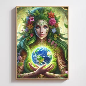 Mother Earth Fantasy Art – Gaia Goddess Holding Earth Digital or Print, Boho Spiritual Decor | Digital Download or Wall Art (Frame/Unframed)