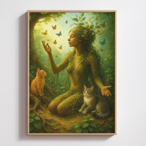 Earth Mother & the Animals – Gaia Cat, Whimsical Nature Print | Feminine Nature Art, Printable or Poster (Framed/Unframed)