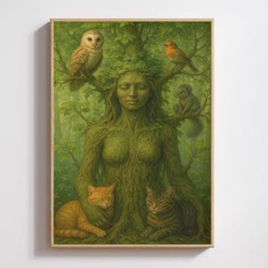 The Heart of the Forest – Nature Guardian Gaia, Mother Earth with Animals, Witchy Fantasy, Printable or Poster (Framed/Unframed)