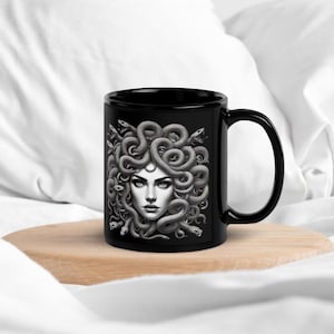 Medusa Black Glossy Mug – Empowering Ceramic Coffee Cup | Medusa Art Mug |  Greek Mythology | Gift Mug for Bold Women – Daily Satement Decor