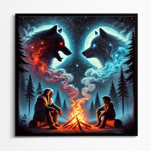 Geist zweier Wölfe Digitale Kunst | Feuer und Eis Wolf Wächter | Inspirierende indigene inspirierte Wandkunst | Druckbare Download