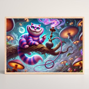 Póster de papel mate premium con diseño psicodélico del Gato de Cheshire y descarga digital, arte mural de fantasía psicodélica, Alicia en el país de las maravillas