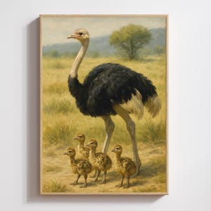 Ostrich and Chicks Poster Print – Digital Art with Oil Painting Look – Animal Wall Decor in Premium Matte Frame – Wildlife Nursery Art