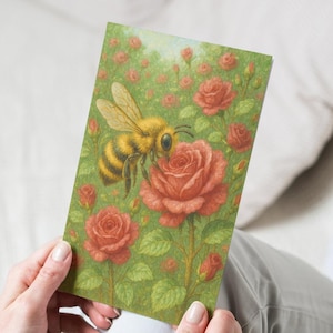 Bee & Rose Garden Greeting Card | Botanical Nature Art Card | Blank Floral Card for Birthdays, Thank You or Any Occasion