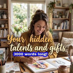 May include: A woman painting a watercolor portrait in a well-lit room. The image includes the text "Your hidden talents and gifts" and "3000 words long!" in gold and blue text. Paintbrushes and art supplies are visible.