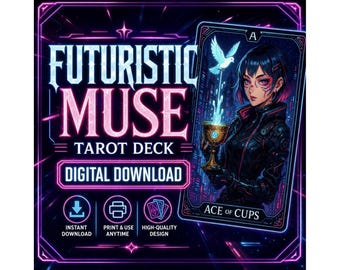 Tarotdeck - futuristische muze tarotdeck digitale download | Cyberpunk-animetarot | Afdrukbare tarotkaarten met optionele diverse bonuskaarten