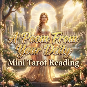 Op de afbeelding: Een digitale illustratie met een centrale figuur in een vloeiende gouden jurk tussen stenen pilaren, omringd door bloemen en een tempel. De tekst luidt A Poem From Your Deity Mini Tarot Reading in gouden en witte letters.