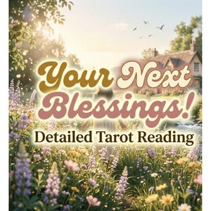 May include: A digital graphic featuring the text Your Next Blessings! Detailed Tarot Reading in a stylized font. The background shows a sunlit meadow filled with purple, yellow, and white wildflowers, a small cottage, and a flowing stream.