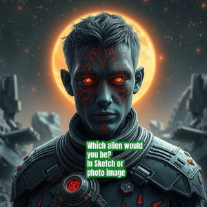 May include: A digital illustration of a dark-skinned humanoid figure with glowing red eyes and intricate red facial markings. The figure wears dark, textured armour with red accents. The text reads: Which alien would you be? In Sketch or photo image.