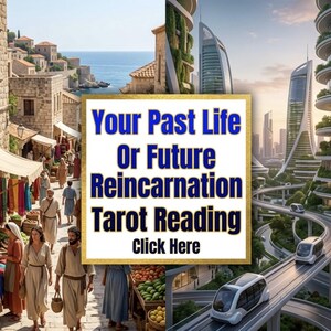 May include: The image is split between a historical marketplace and a futuristic cityscape. A central gold-framed box displays the text "Your Past Life Or Future Reincarnation Tarot Reading Click Here" in blue. People in ancient attire are in the marketplace.