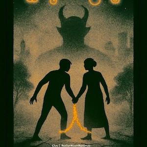 May include: Tarot card illustration depicting a man and woman in silhouette, linked by a golden chain, with a horned figure behind them. The card is labelled "THE DEVIL".