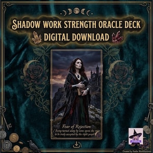 Op de afbeelding: Een digitaal orakelkaartendeck getiteld Shadow Work Strength Oracle Deck met een centrale kaartillustratie van een persoon in donkere gewaden die een boek vasthoudt voor een kasteel, met de tekst Fear of Rejection en een downloadicoon.