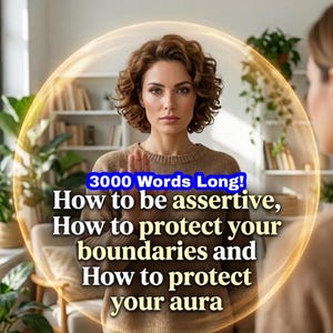 May include: A brown sweater worn by a person with curly hair, featuring the text: 3000 Words Long! How to be assertive, How to protect your boundaries and How to protect your aura, enclosed within a glowing golden circular light effect.