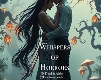 Könnte beinhalten: Eine künstlerische Illustration zeigt ein sich umarmendes Paar vor dem Hintergrund fantastischer Bäume und leuchtender Pilze. Das Bild enthält den Text "WHISPERS OF HORRORS" und den Namen des Autors.