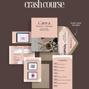 May include: A pink and brown Canva Mastery Manual guide with a step-by-step course for both free and pro users. The guide includes chapters on getting started with Canva, navigating your workspace, understanding the toolset, font pairing, saving and sharing your projects, adding your digital products in an Etsy store, how to edit your ebook extras, and licensing.