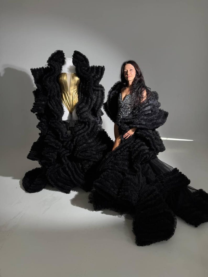 Black Tulle Ruffle Robe With Train: Couture Photoshoot Gown - Etsy
