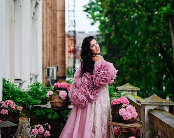 Handmade Powder Pink Organza Robe: 3D Flower Couture Gown