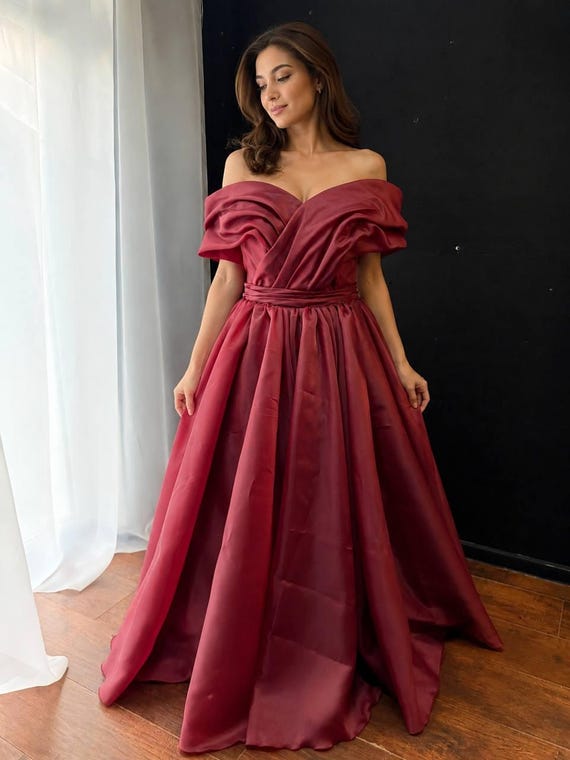 deep burgundy formal dress Off-shoulder Ball Gown | Romantic Evening With Corset Back | Custom Made Gown Long dress