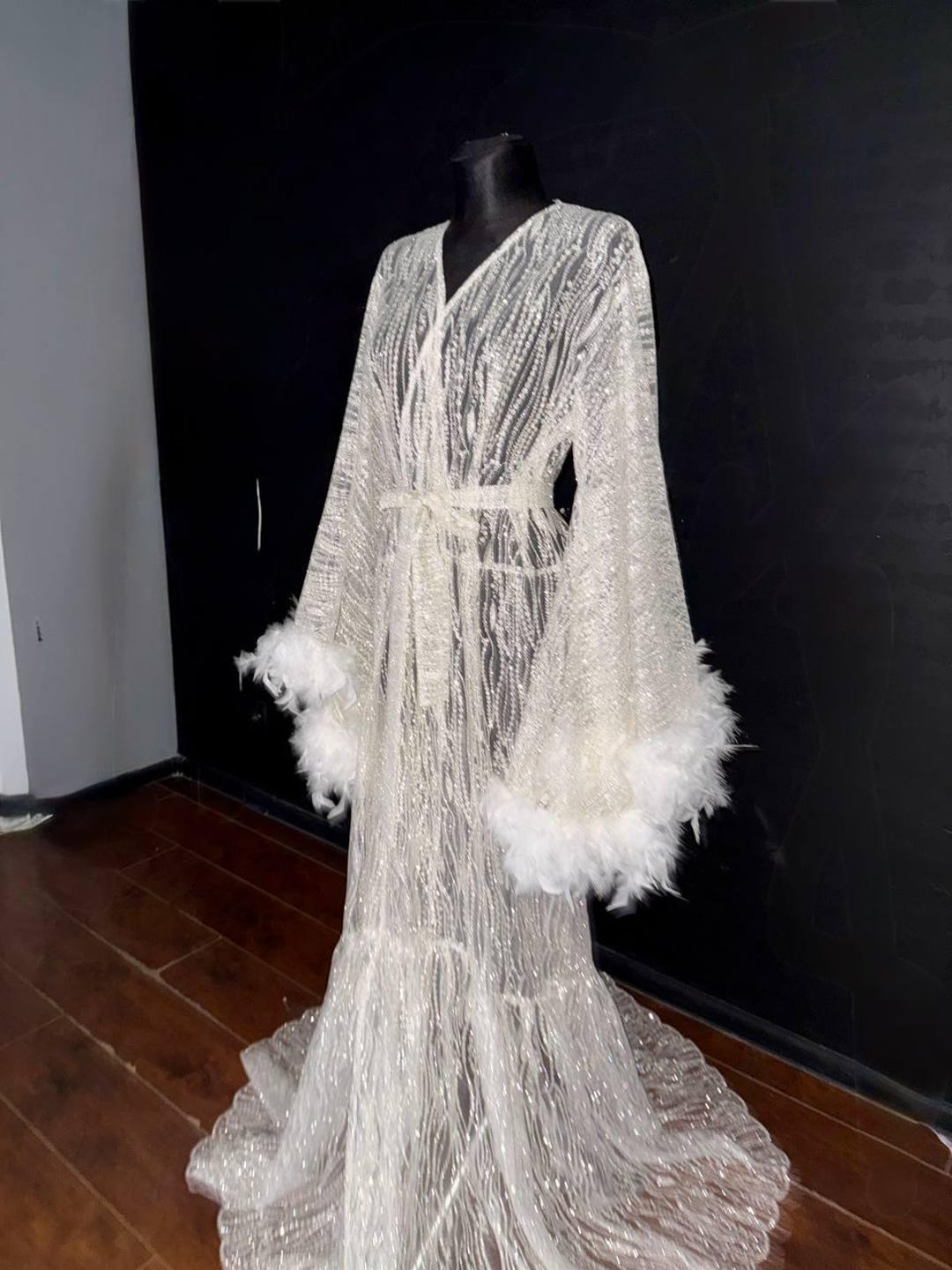 Bridal Lace Robe With Glitter Finish and Feather Cuffs – Handmade Long ...